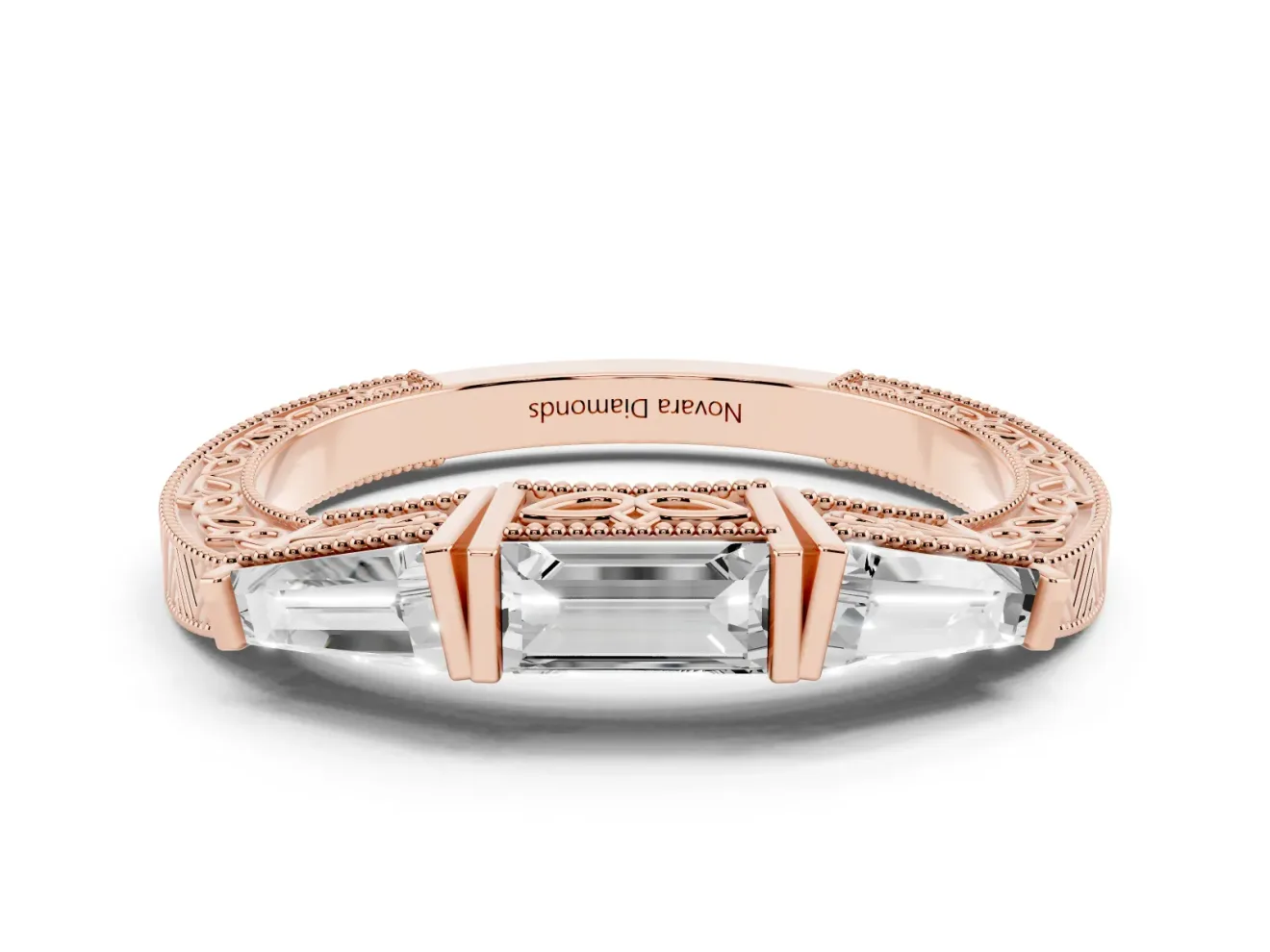 Baguette Diamond Milgrain Band Set in Rose gold with Channel V-Prong Setting
