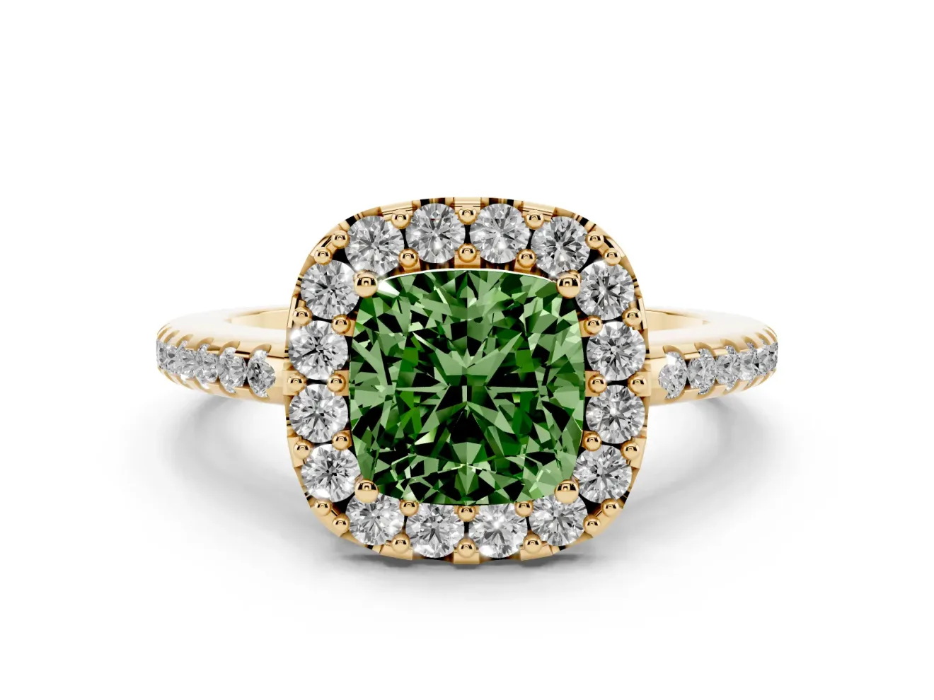 Cushion Cut Pave Halo Engagement Ring Setting for a Fancy Green Lab-Grown Diamond | Pave Band | Yellow Gold