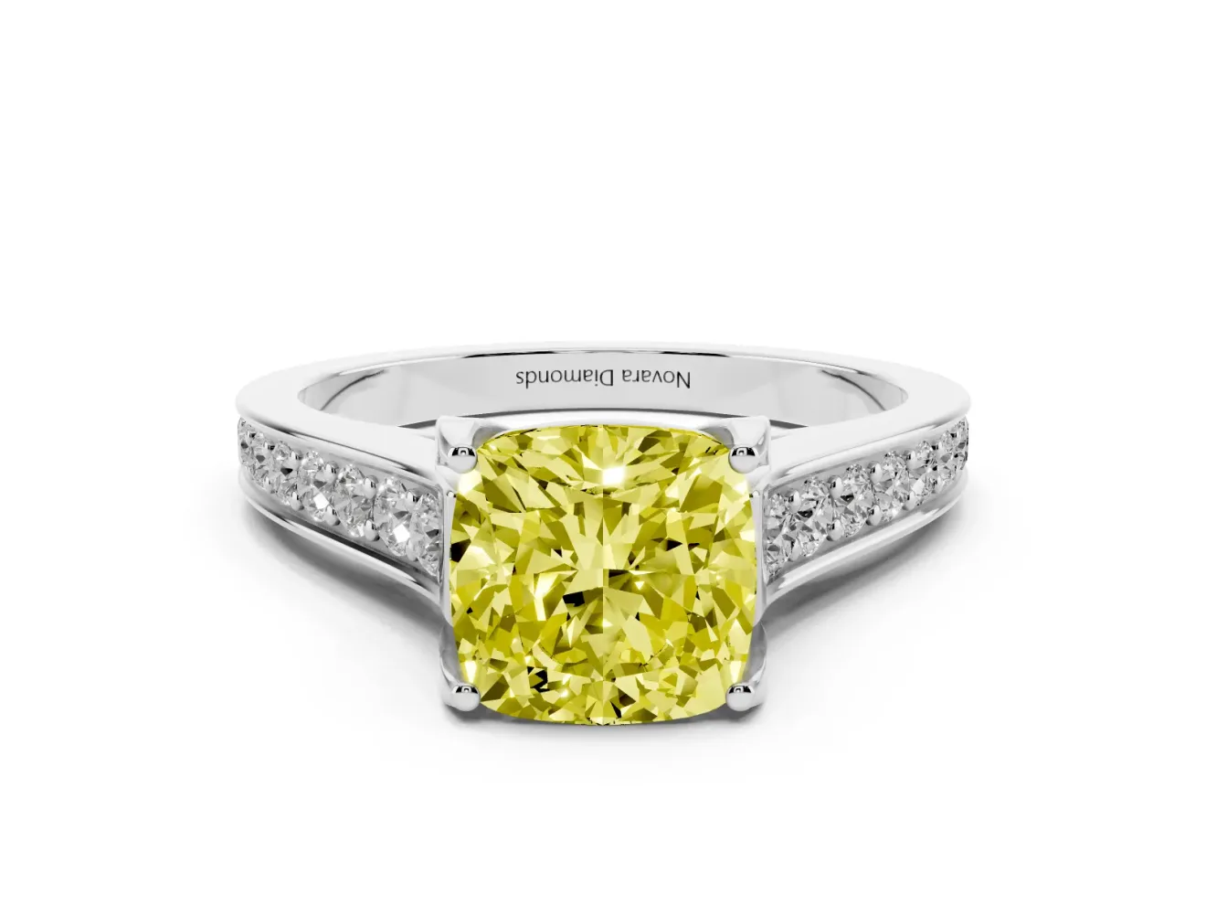 Fancy Yellow Cushion Cut Diamond Solitaire Pavé Engagement Ring Set in Silver with Prong Setting