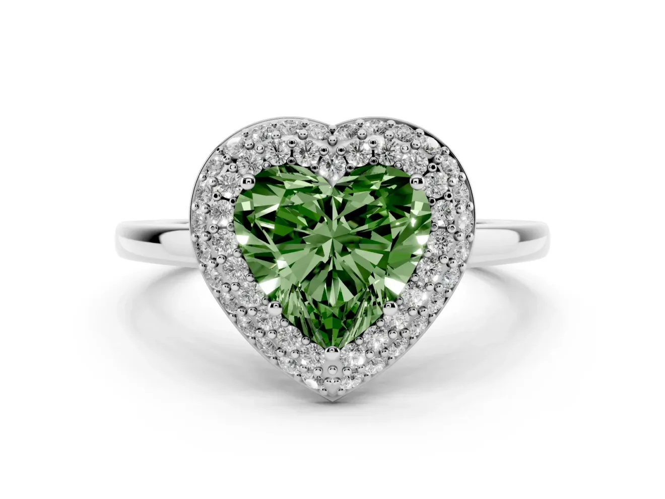 Heart-Shaped Pave Halo Engagement Ring Setting for a Fancy Green Lab-Grown Diamond | Slim Plain Band | Platinum