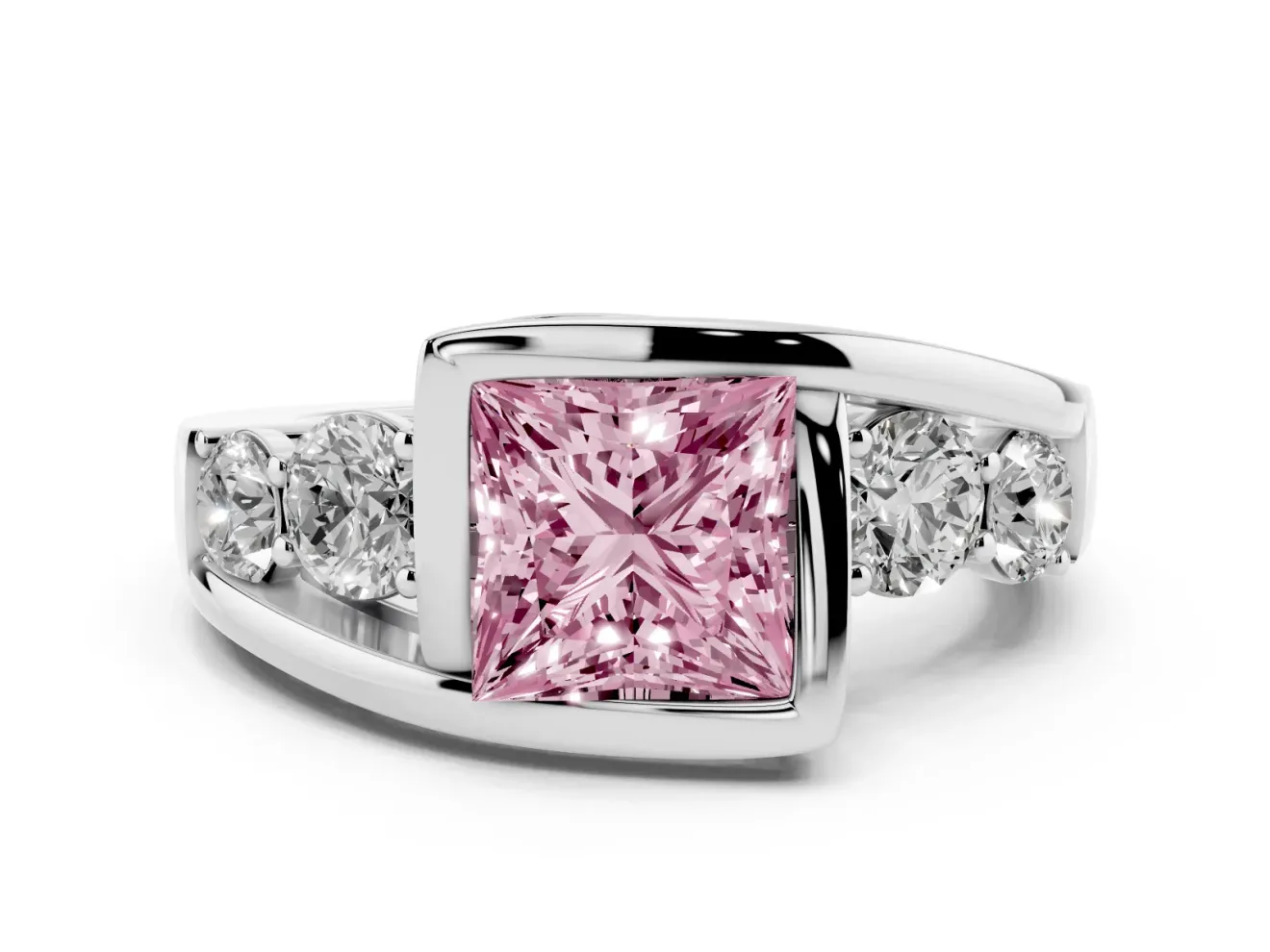 Fancy Pink Princess Cut Diamond Bezel Bypass Ring Set in White gold with Round Accents