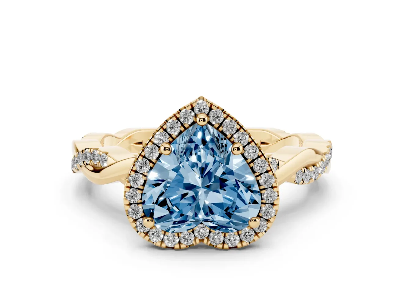 Heart-Shaped Twisted Halo Engagement Ring Setting for a Fancy Blue Lab-Grown Diamond | Yellow Gold