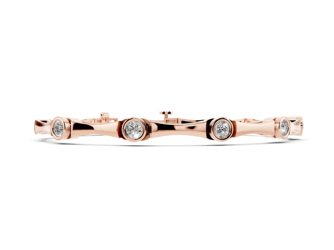 Round Lab-Grown Diamond Bezel Station Bamboo Link Bracelet | Hinged Links | Rose Gold