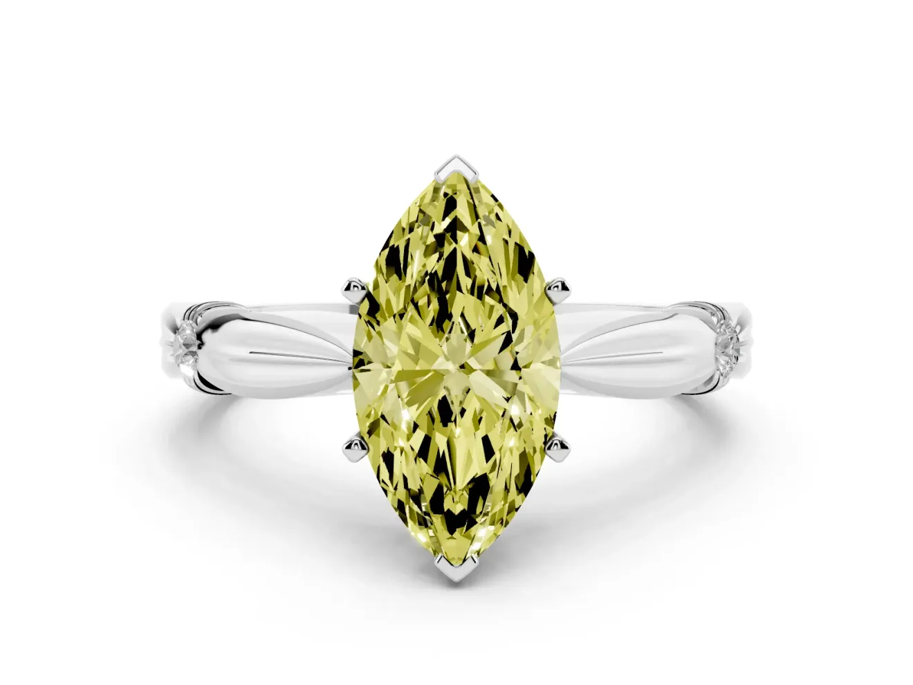 Fancy Yellow Marquise Cut Diamond Solitaire Twisted Band Ring Set in White gold with Accent Stones and Prong Setting
