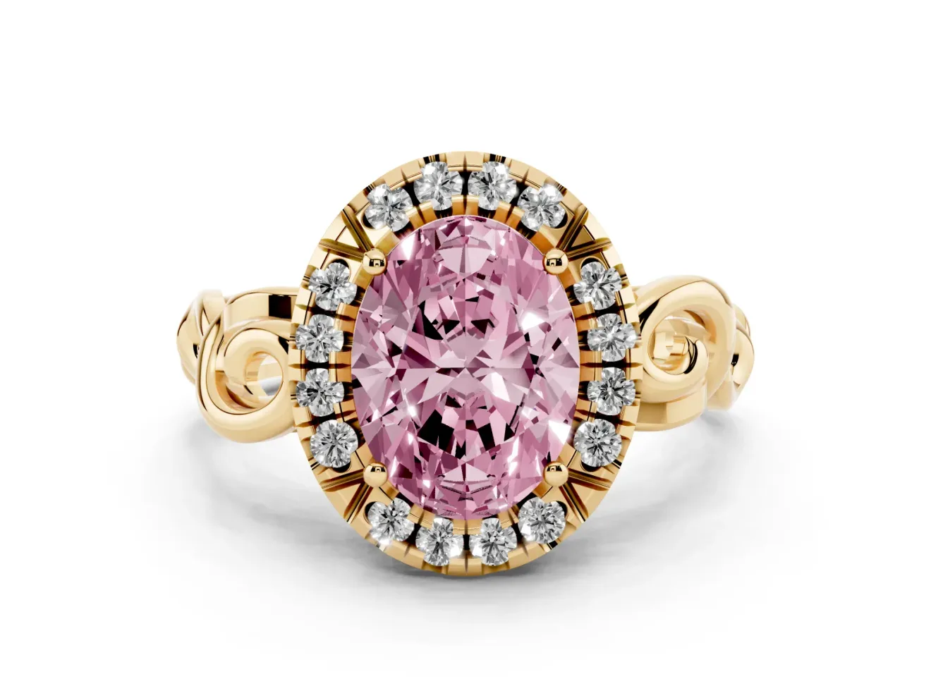 Fancy Pink Oval Cut Diamond Halo Ring Set in Yellow gold with Scrollwork Band and Prong Setting
