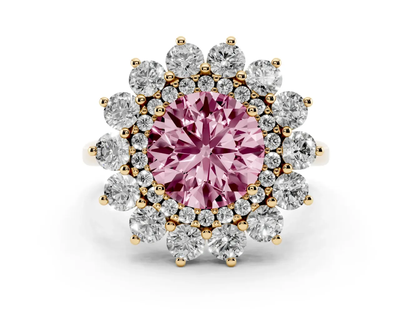 Round Floral Double Halo Engagement Ring Setting for a Fancy Pink Lab-Grown Diamond | Plain Band | Yellow Gold