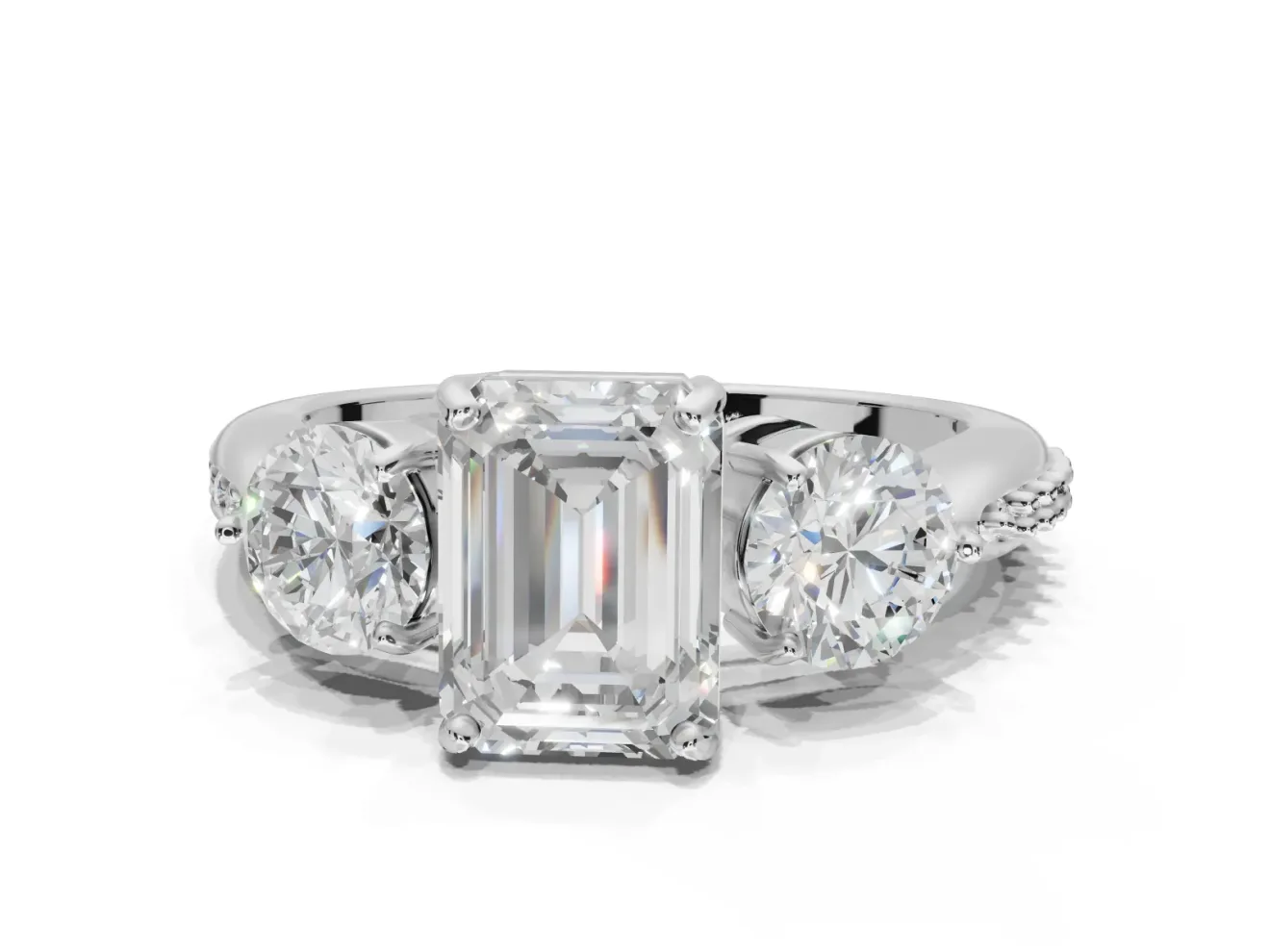 Emerald Cut Three Stone Engagement Ring Setting | Tapered Pave Band | Platinum