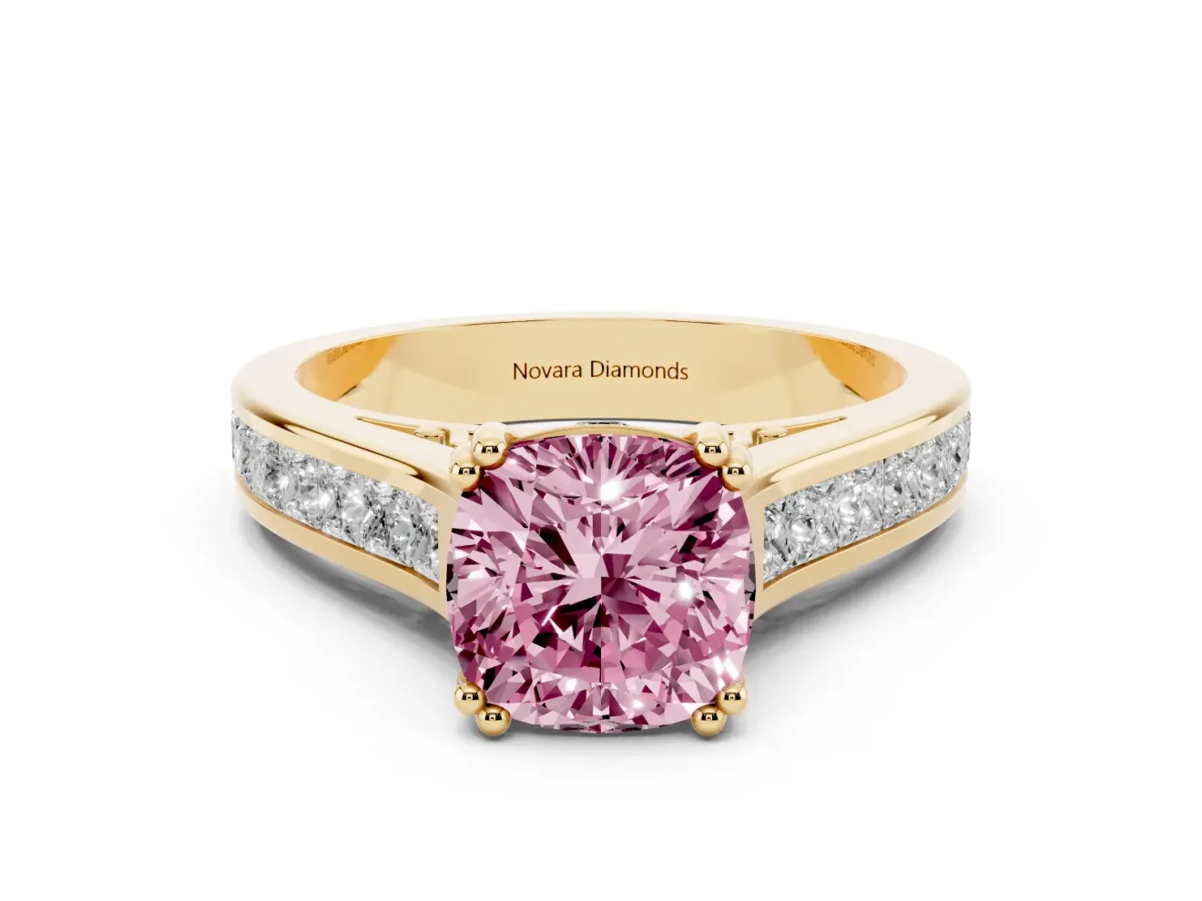 Cushion Cut Channel Engagement Ring Setting for a Fancy Pink Lab-Grown Diamond | Yellow Gold - Design NV-24671