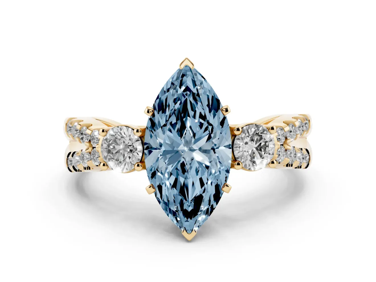 Marquise Three Stone Engagement Ring Setting for a Fancy Blue Lab-Grown Diamond | Yellow Gold