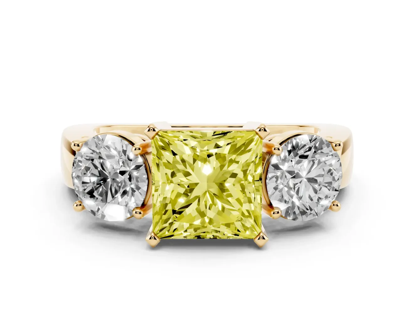 Princess Cut Three Stone Engagement Ring Setting for a Fancy Yellow Lab-Grown Diamond | Wide Plain Band | Yellow Gold