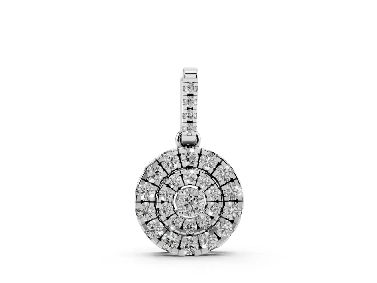 Round Lab-Grown Diamond Double Halo Disc Pendant Necklace | Pavé Bail | White Gold