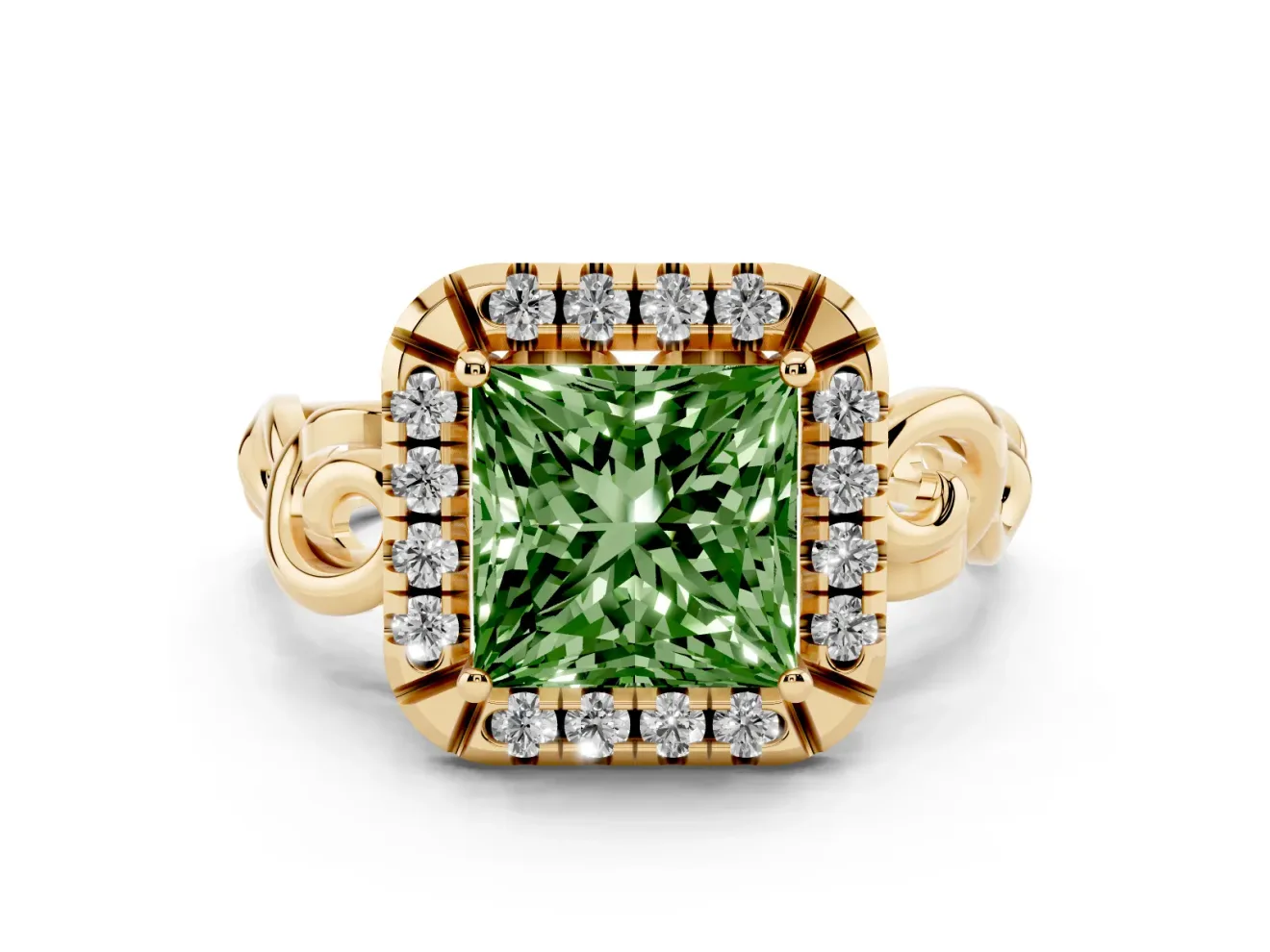 Fancy Green Princess Cut Diamond Halo Ring Set in Yellow gold with Scrollwork Band and Prong Setting