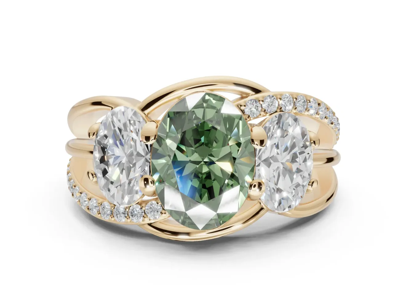 Oval Three Stone Split Shank Engagement Ring Setting for a Fancy Green Lab-Grown Diamond | Matching Sides | Yellow Gold