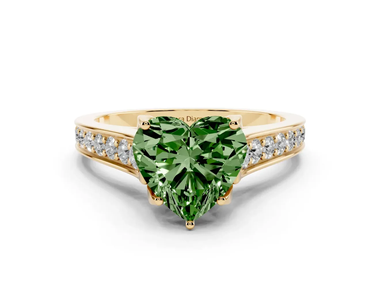 Heart-Shaped Graduated Pavé Engagement Ring Setting for a Fancy Green Lab-Grown Diamond | Yellow Gold