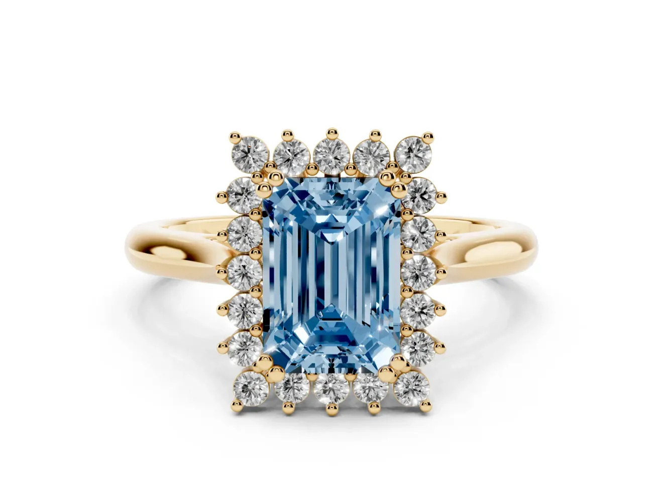 Emerald Cut Starburst Halo Engagement Ring Setting for a Fancy Blue Lab-Grown Diamond | Yellow Gold