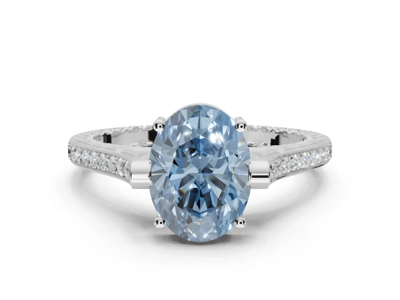Oval Vintage Cathedral Engagement Ring Setting for a Fancy Blue Lab-Grown Diamond | Carved Band | Platinum