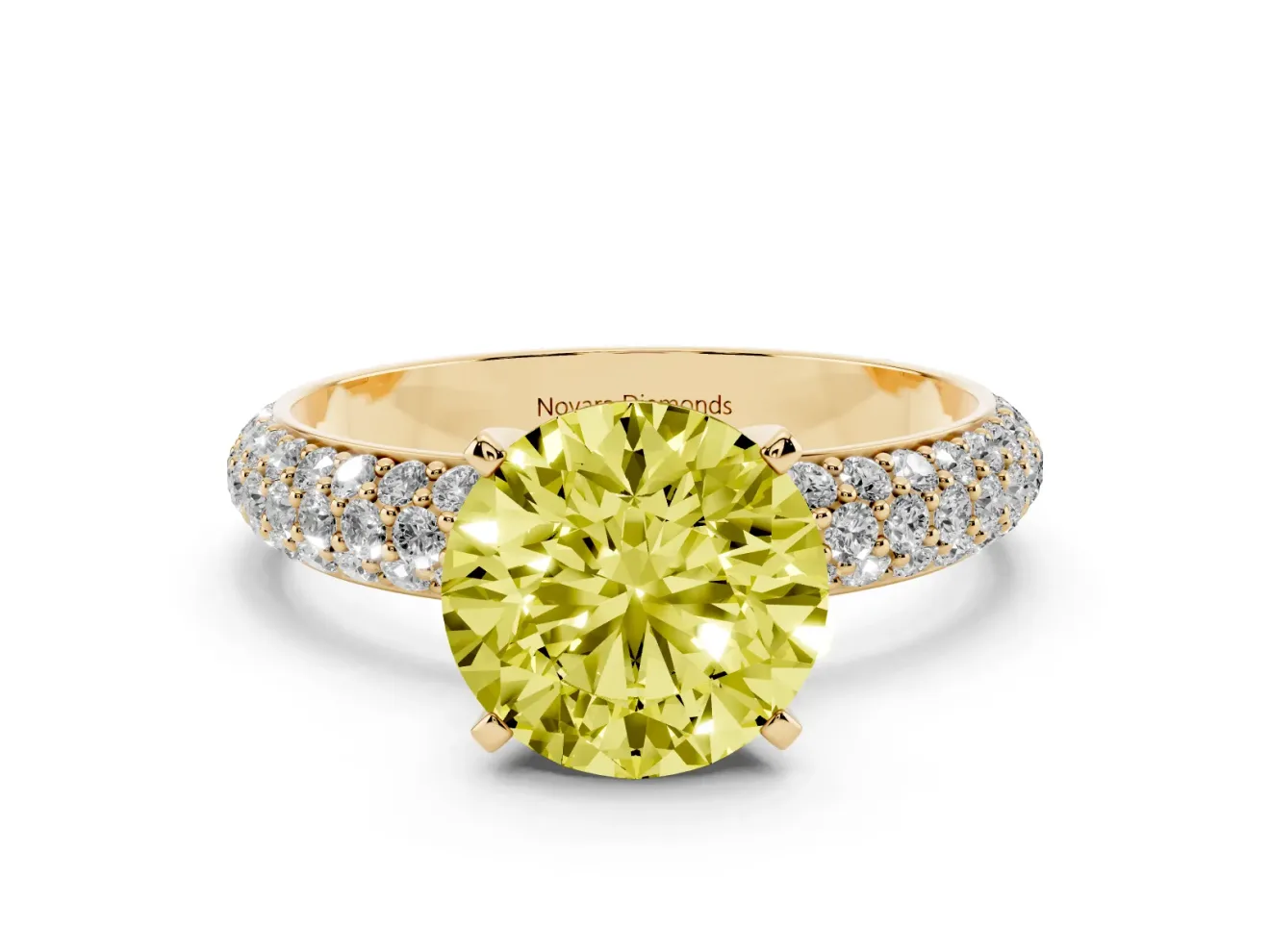 Fancy Yellow Round Cut Diamond Solitaire Ring Set in Yellow gold with Prong Setting and Pavé-Set Band