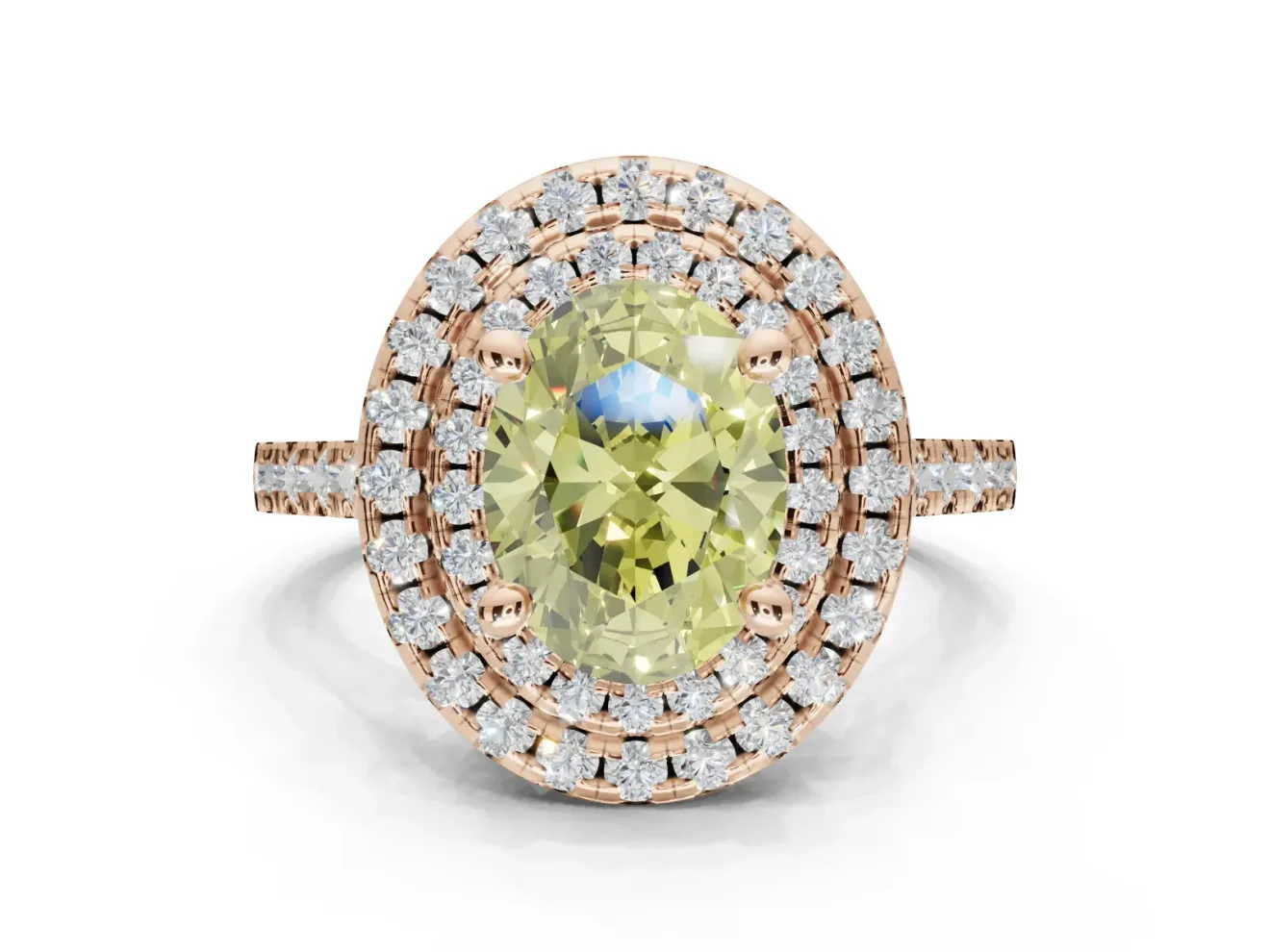 Oval Double Halo Engagement Ring Setting for a Fancy Yellow Lab-Grown Diamond | Pave Shoulders | Rose Gold
