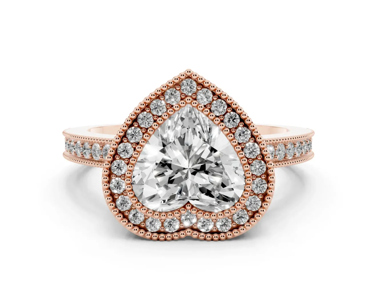 Heart-Shaped Double Milgrain Halo Engagement Ring Setting | Pave Band | Rose Gold