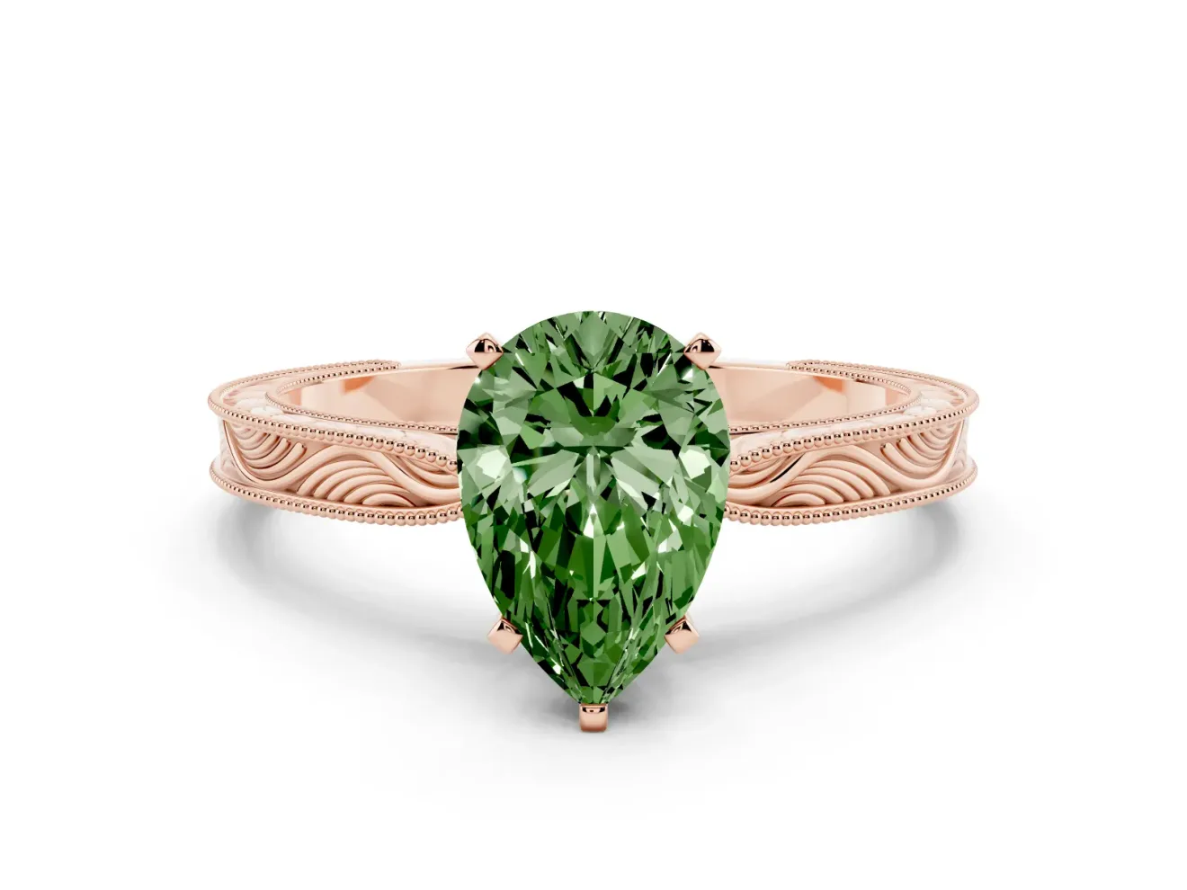 Fancy Green Pear Cut Diamond Solitaire Milgrain Engraved Band Set in Rose gold with Prong Setting