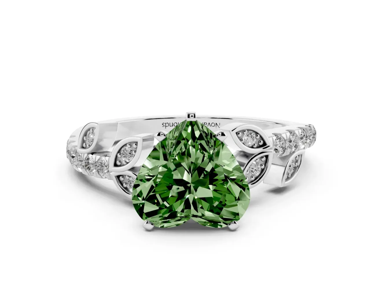 Fancy Green Heart Cut Diamond Solitaire Leaf-Inspired Ring Set in Platinum with Pavé Band and Prong Setting