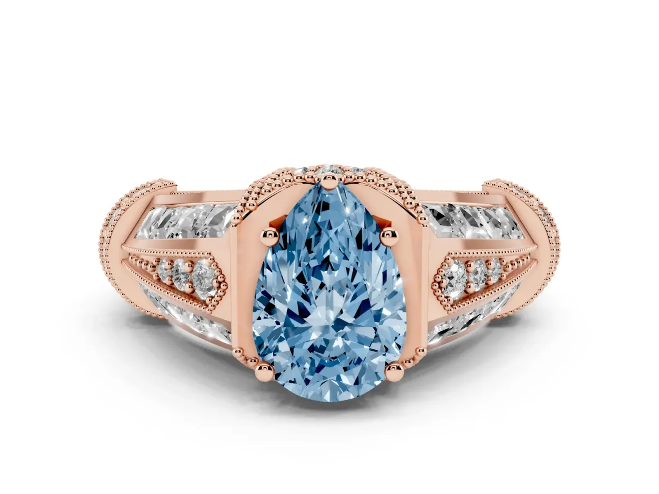 Fancy Blue Pear Cut Diamond Vintage-Inspired Milgrain Ring Set in Rose gold with Accent Split Shank