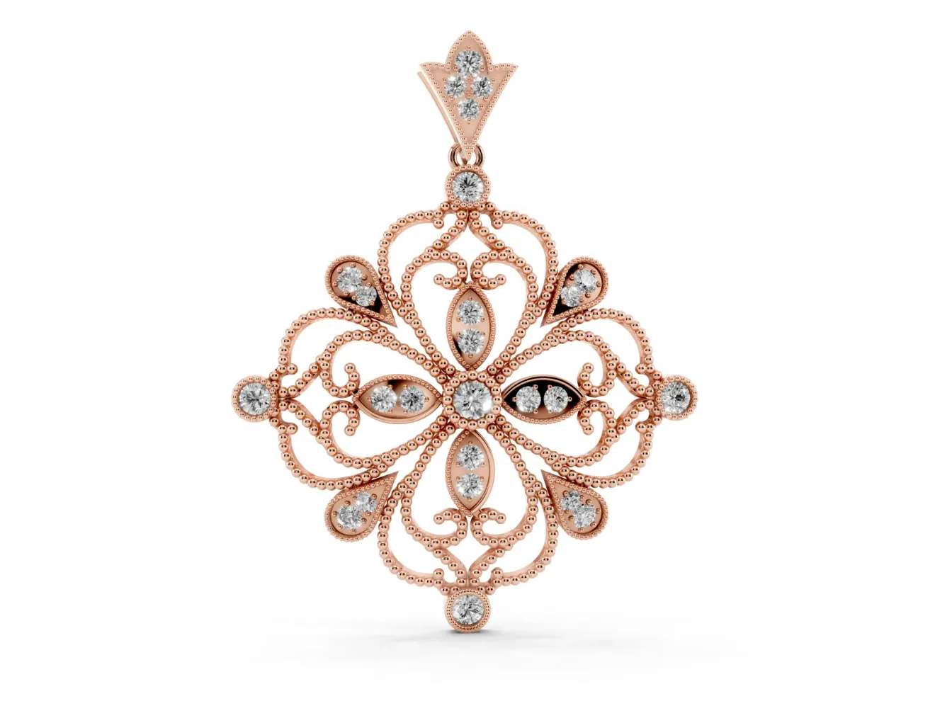Round Lab-Grown Diamond Vintage Floral Scrollwork Pendant Necklace | Milgrain Edges | Rose Gold