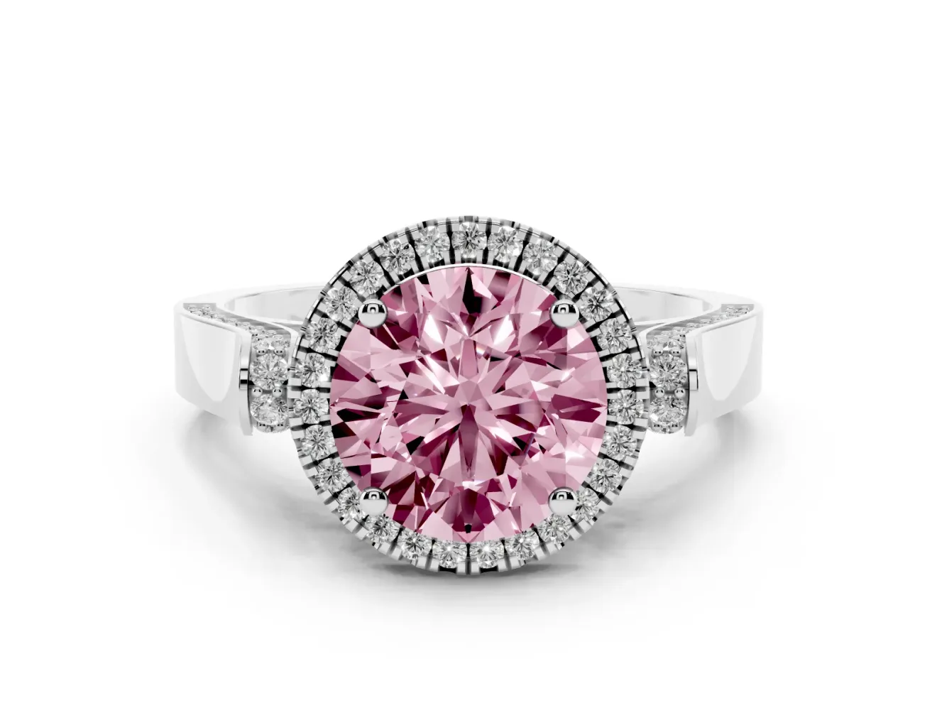 Round Halo Engagement Ring Setting for a Fancy Pink Lab-Grown Diamond | Pavé Panel Shoulders | Sterling Silver