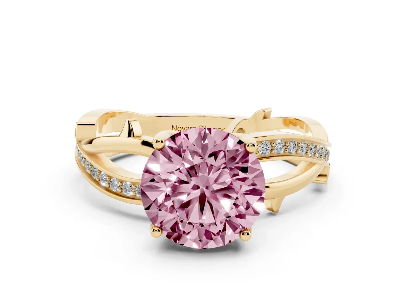 Fancy Pink Round Cut Diamond Pavé Twist Band Solitaire Ring Set in Yellow gold with Prong Setting
