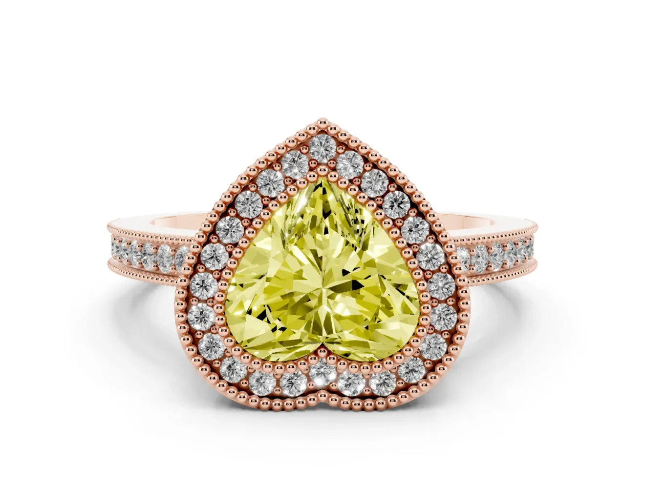 Fancy Yellow Heart Cut Diamond Round Halo Ring Set in Rose gold with Pavé Band