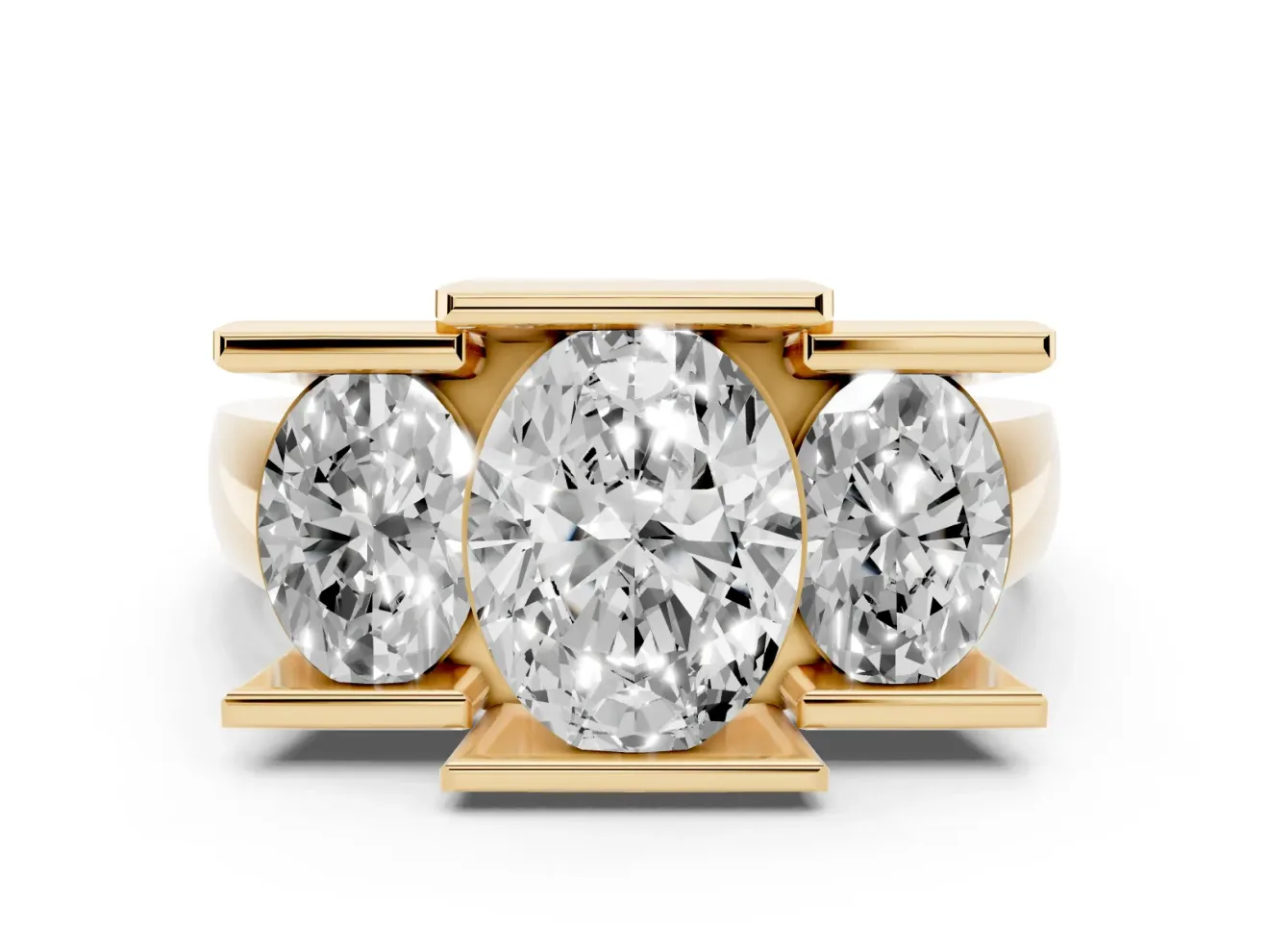 Oval Cut Diamond Three-Stone Channel Set Ring Set in Yellow gold with Smooth Polished Band