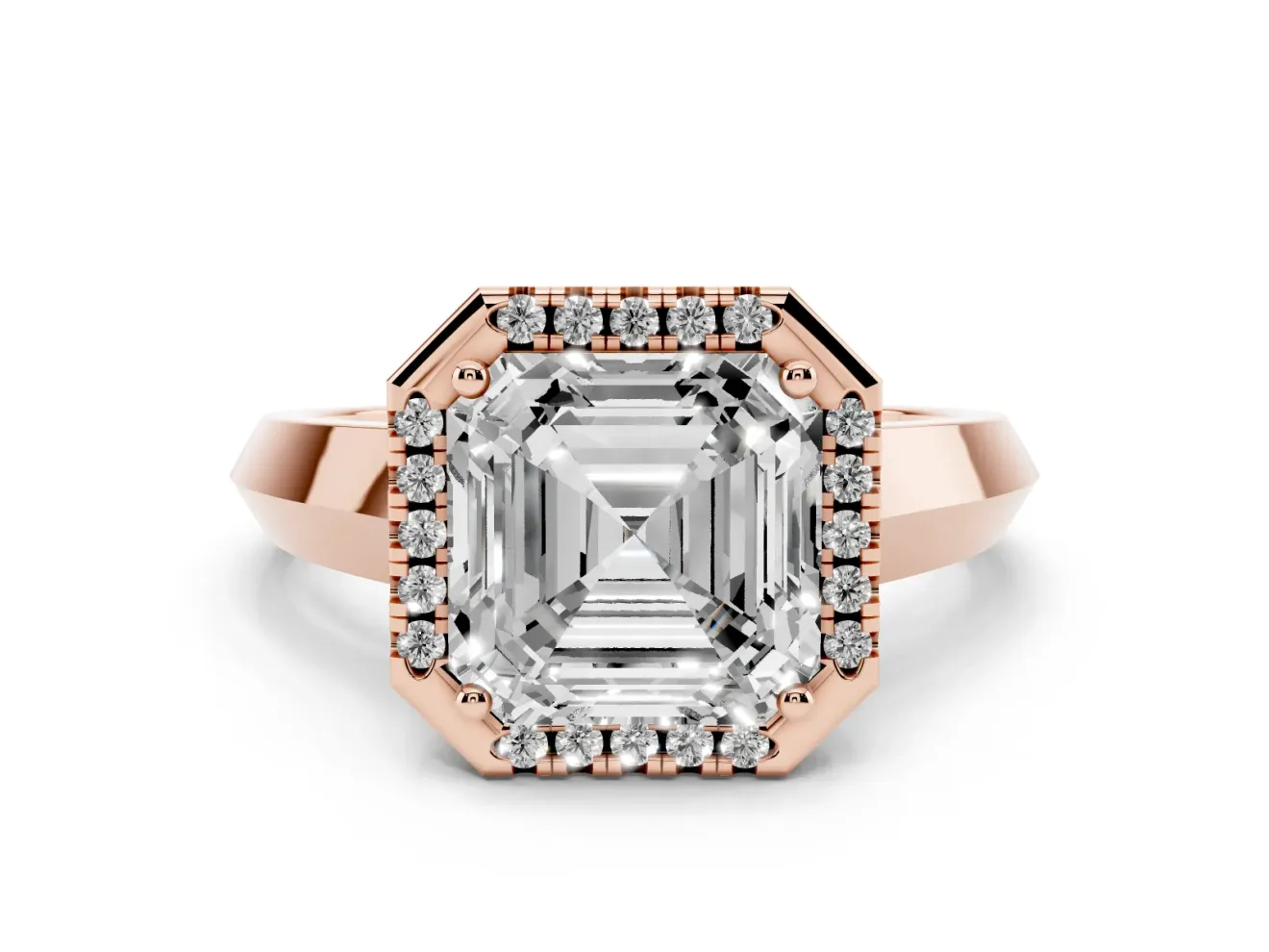 Asscher Cut Diamond Halo Ring Set in Rose gold with Cathedral Band and Prong Setting