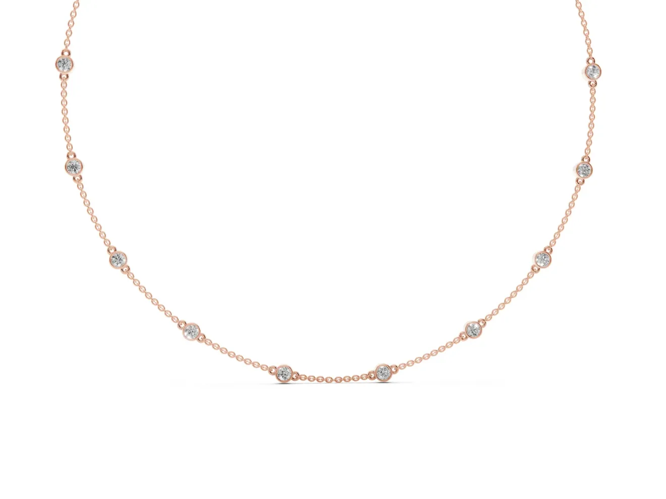 Round Lab-Grown Diamond Bezel Station Necklace | Fine Cable Chain | Rose Gold