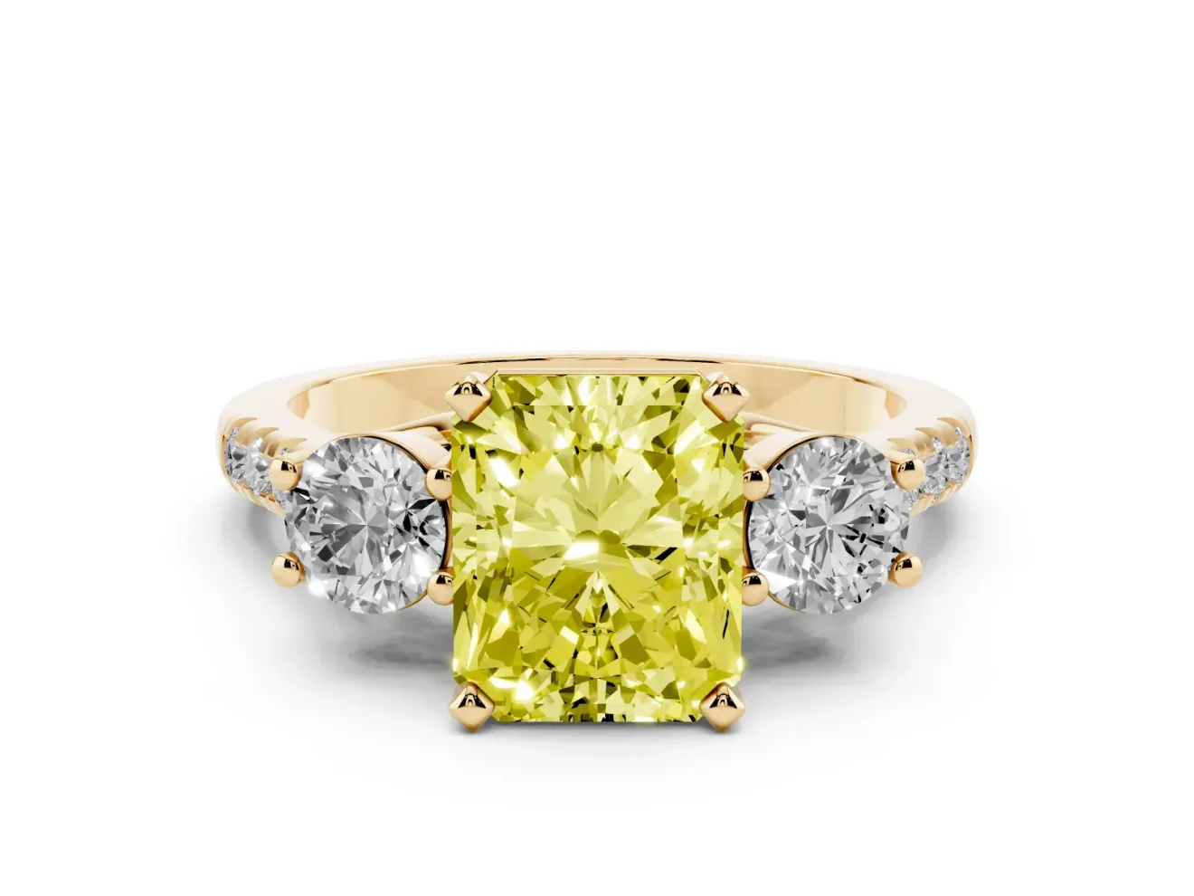 Radiant Cut Three-Stone Engagement Ring Setting for a Fancy Yellow Lab-Grown Diamond | Yellow Gold