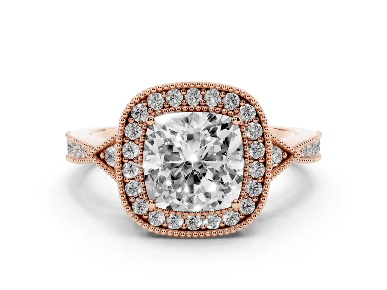 Cushion Cut Diamond Halo Engagement Ring Set in Rose gold with Milgrain Pavé Band