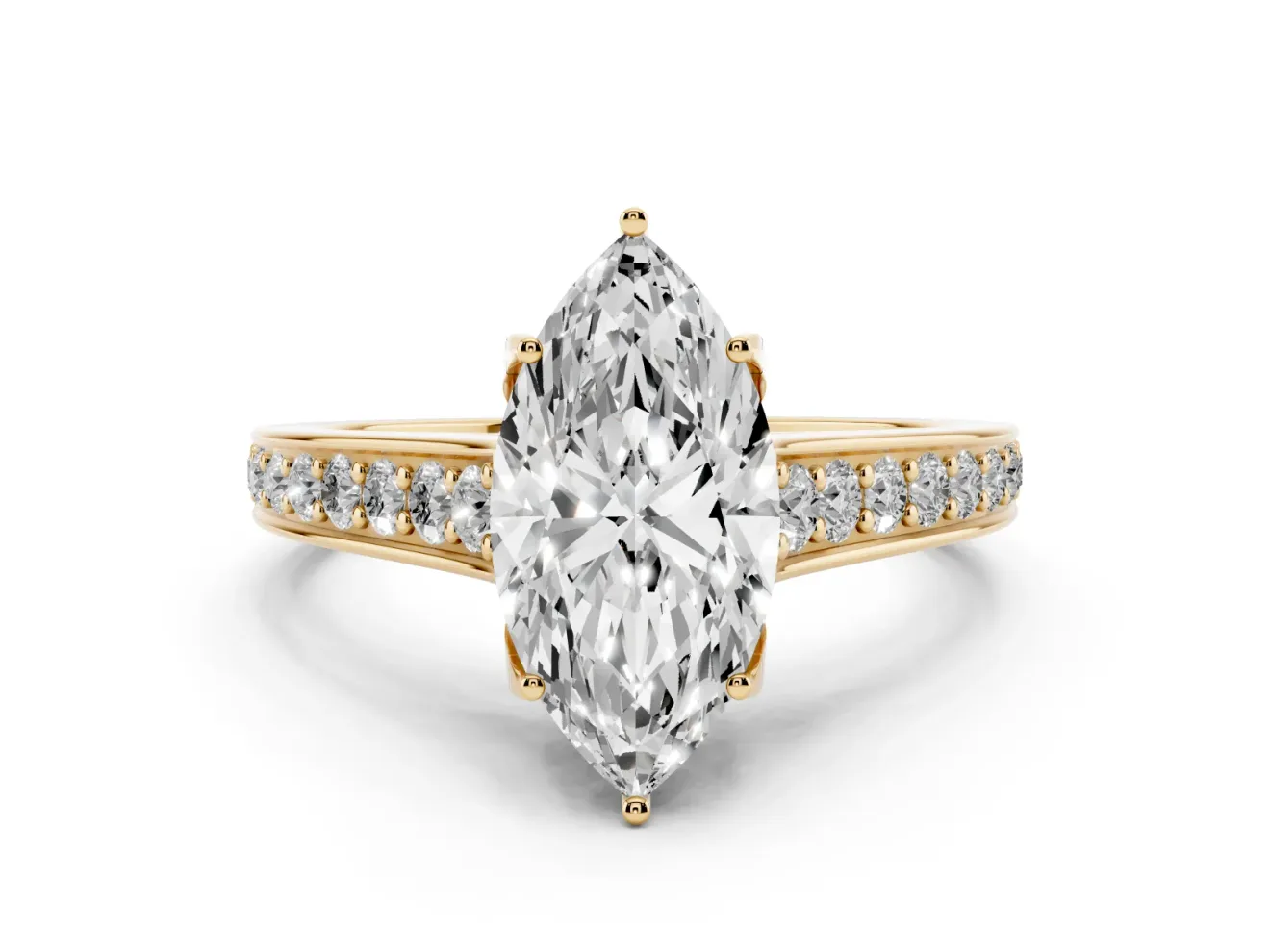 Marquise Graduated Pavé Solitaire Engagement Ring Setting | Wide Pavé Row Band | Yellow Gold