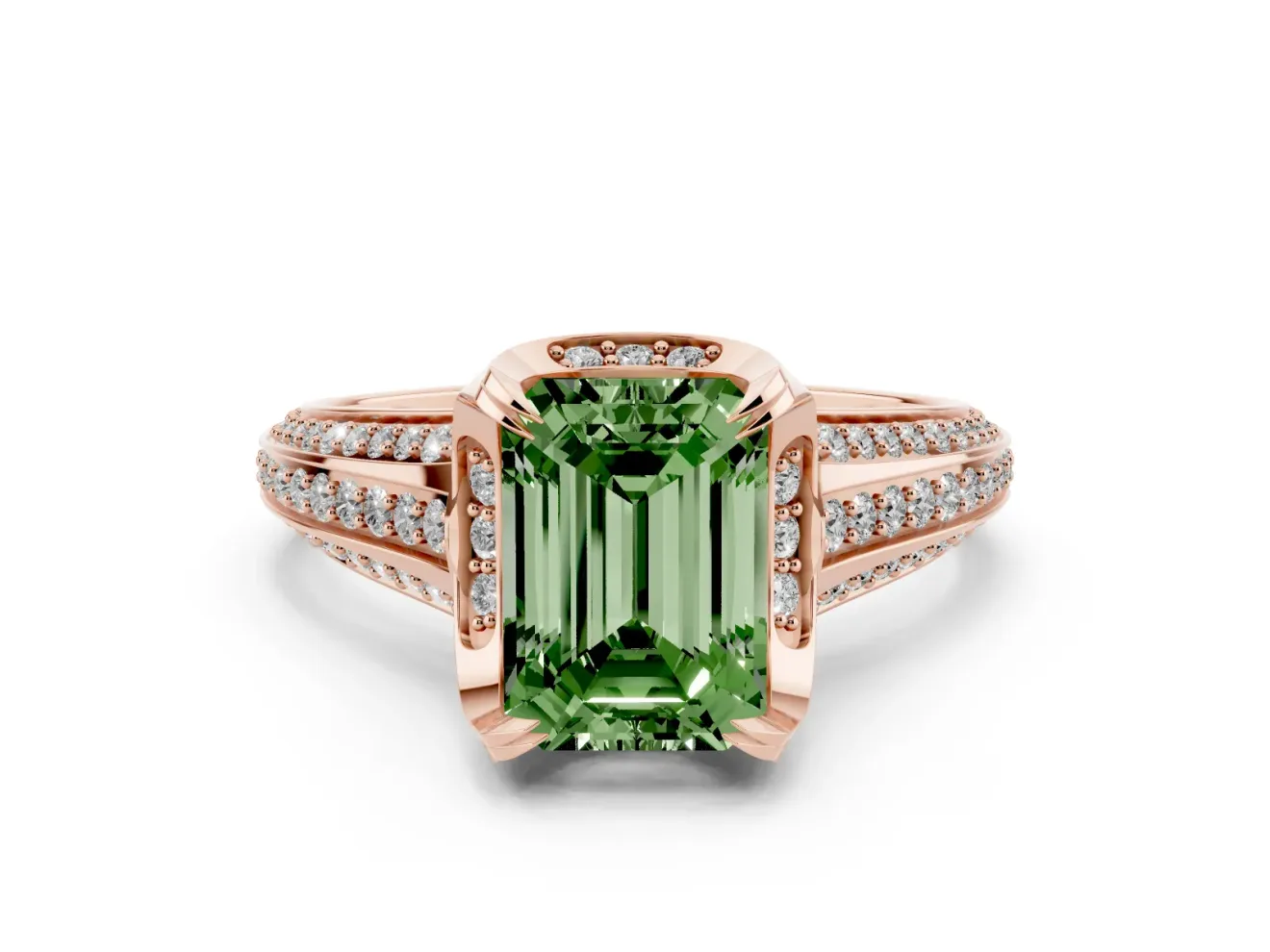 Fancy Green Emerald Cut Diamond Pavé Split Shank Solitaire Ring Set in Rose gold with Prong Setting