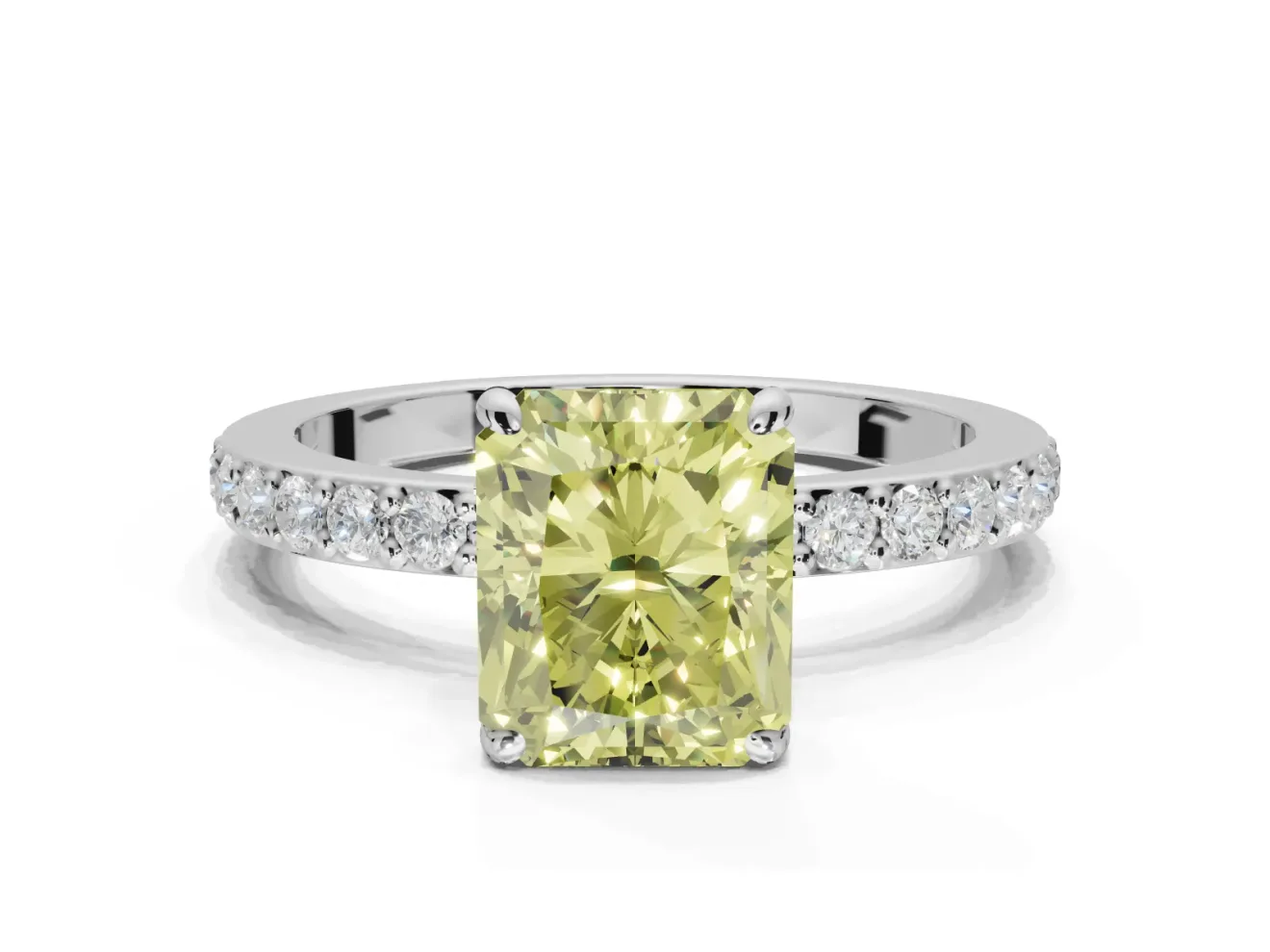 Radiant Cut Hidden Halo Engagement Ring Setting for a Fancy Yellow Lab-Grown Diamond | Pavé Band | Platinum