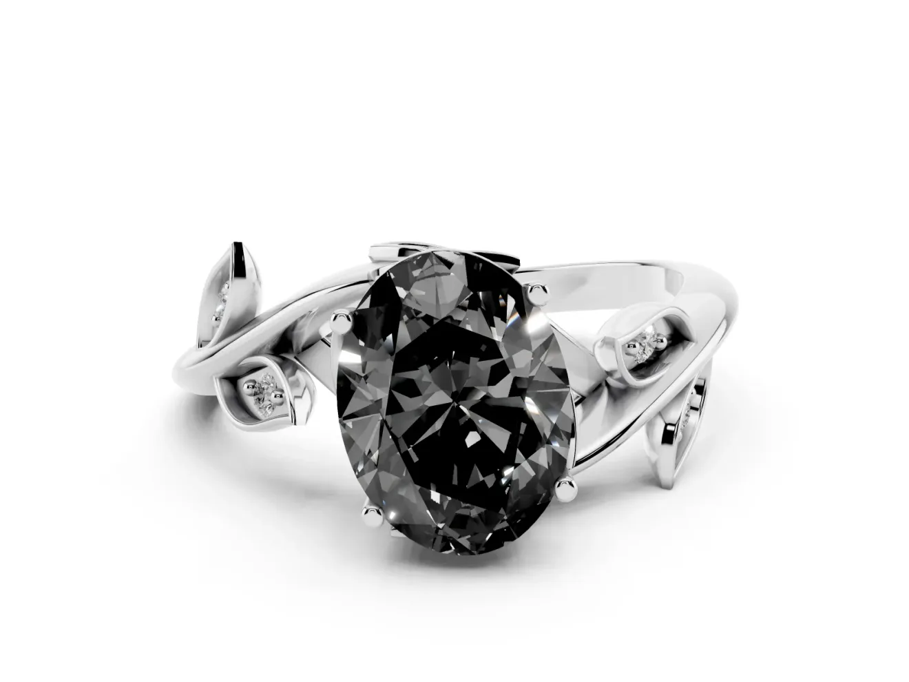 Oval Twisted Bypass Engagement Ring Setting for a Black Center | Accented Leaves | Sterling Silver