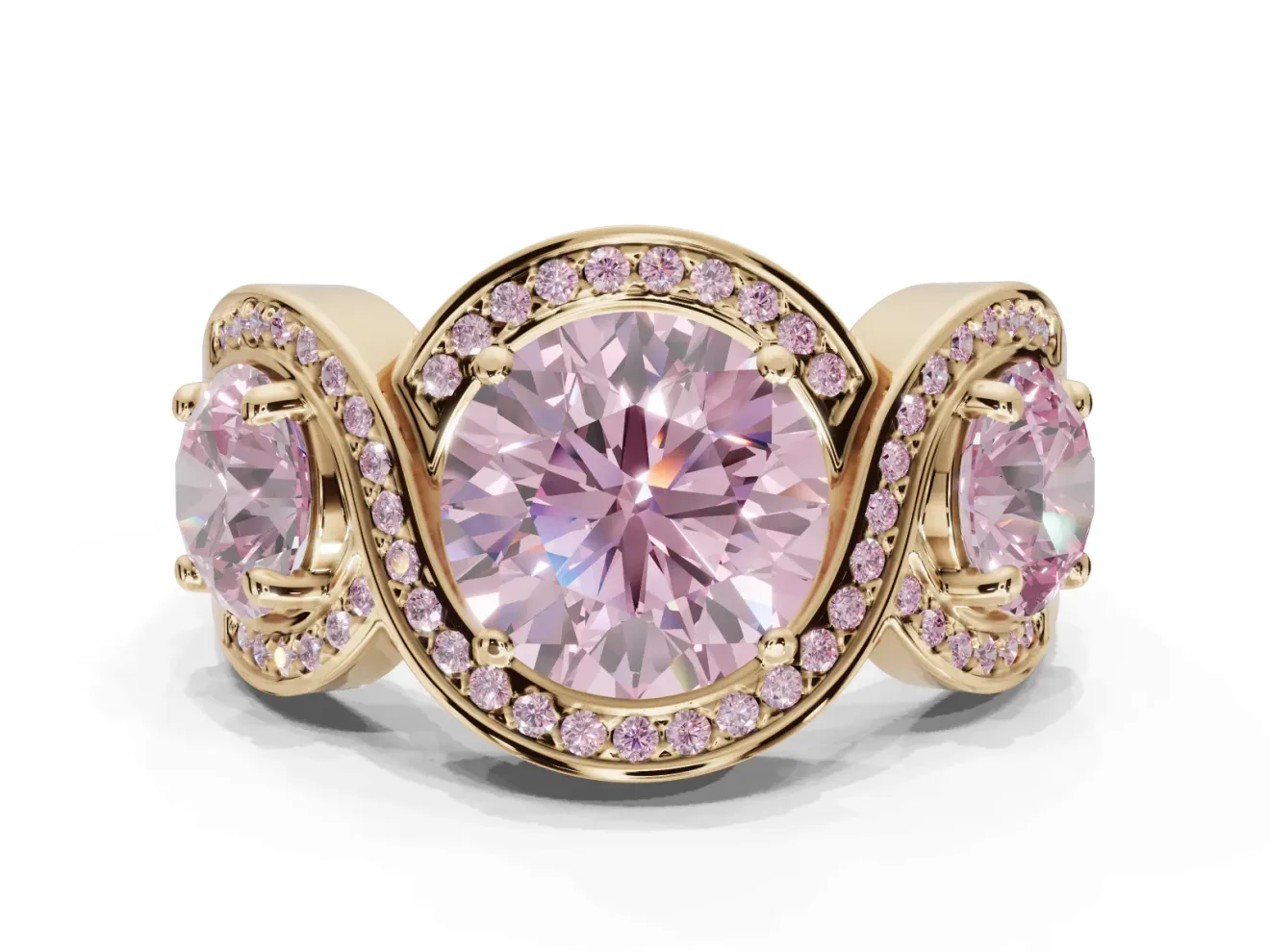 Round Three Stone Halo Engagement Ring Setting for a Fancy Pink Lab-Grown Diamond | Pavé Wave Band | Yellow Gold