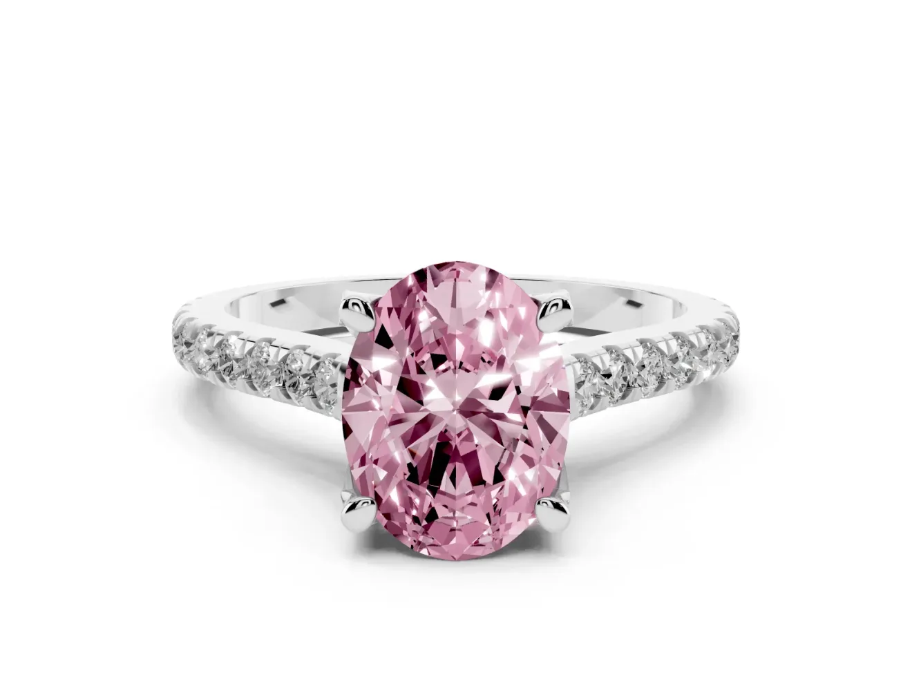 Oval Hidden Halo Pave Engagement Ring Setting for a Fancy Pink Lab-Grown Diamond | Claw Prongs | White Gold