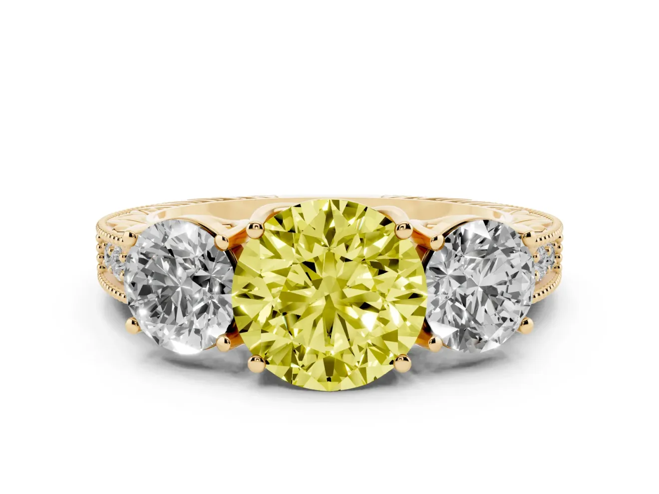 Round Vintage Three Stone Engagement Ring Setting for a Fancy Yellow Lab-Grown Diamond | Yellow Gold