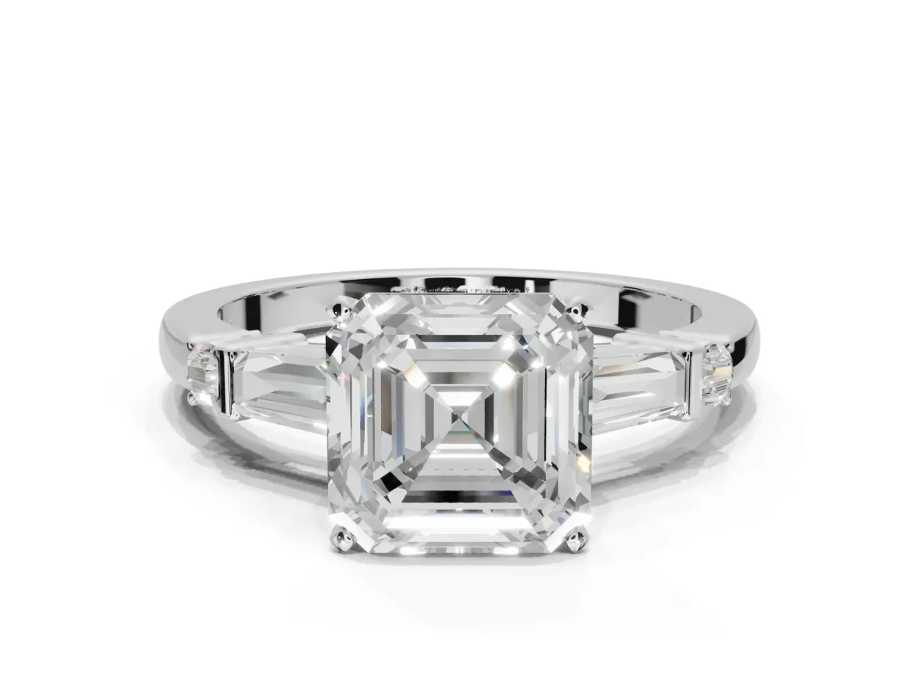 Asscher Cut Tapered Baguette Engagement Ring Setting | Bar Set Sides | Sterling Silver
