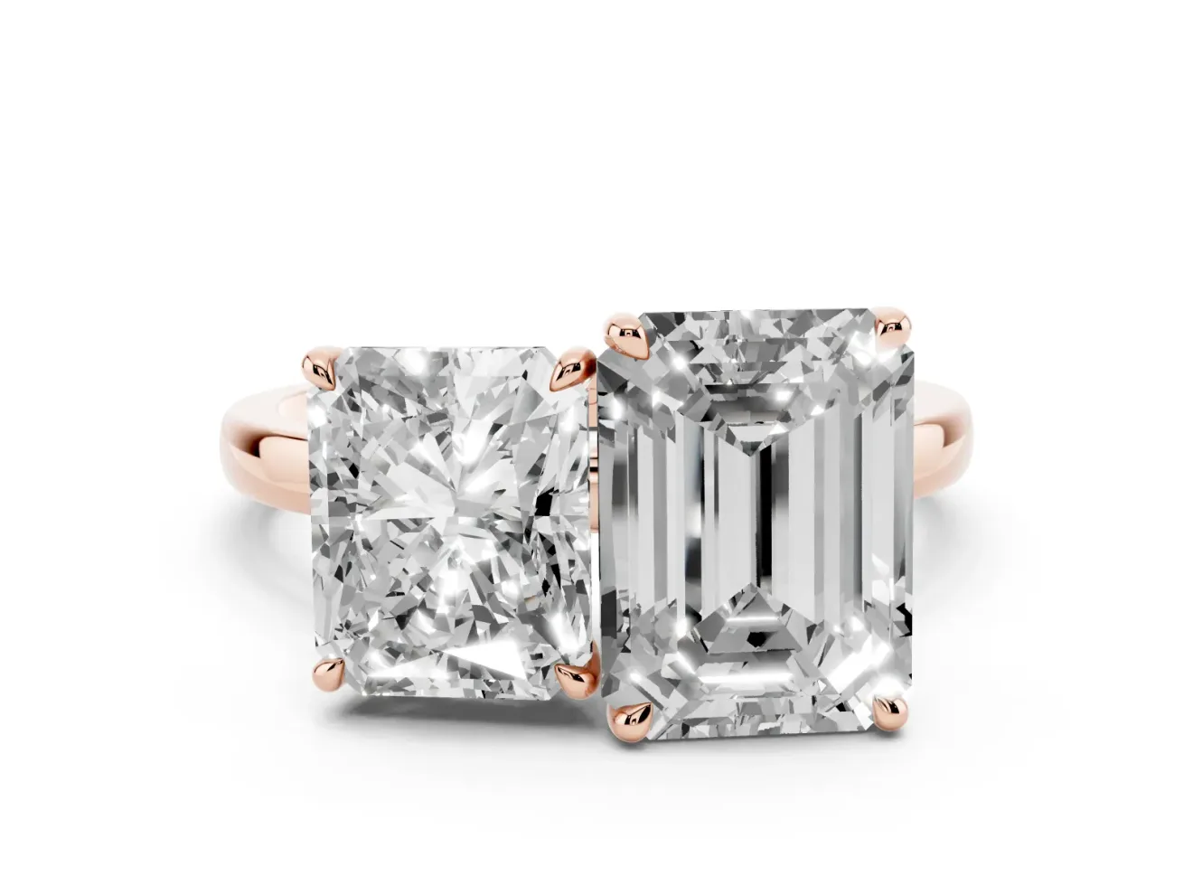 Radiant Cut and Emerald Cut Toi Moi Ring Set in Rose gold with Prong Setting