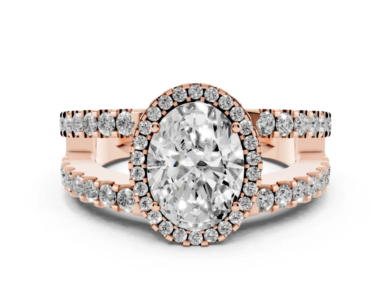 Oval Halo Split Shank Engagement Ring Setting | Pavé Strands | Rose Gold