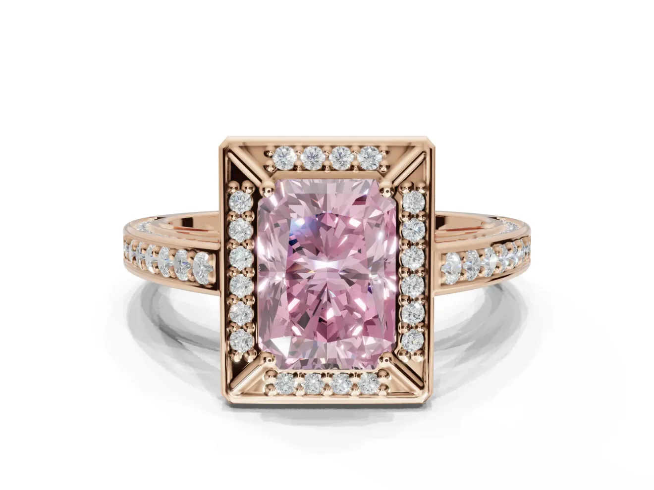 Radiant Cut Sectioned Halo Engagement Ring Setting for a Fancy Pink Lab-Grown Diamond | Rose Gold