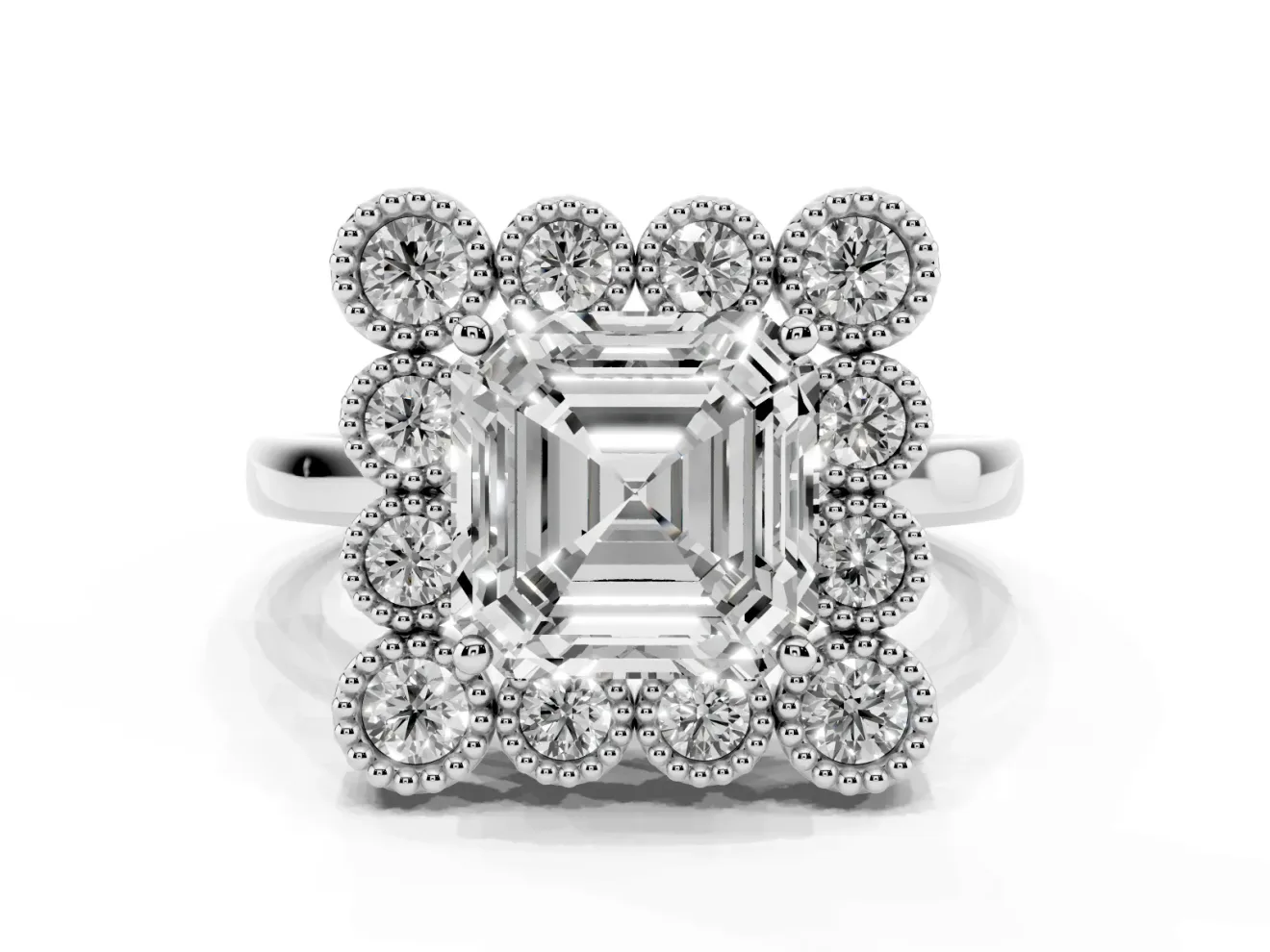 Asscher Cut Milgrain Cluster Halo Engagement Ring Setting | Plain Band | Sterling Silver