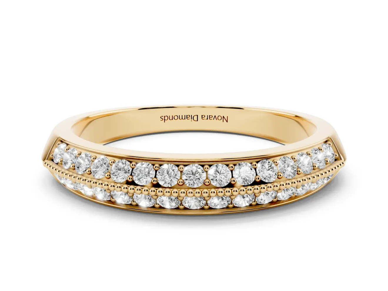 Round Lab-Grown Diamond Double Row Pavé Wedding Band | Faceted Shank | Yellow Gold