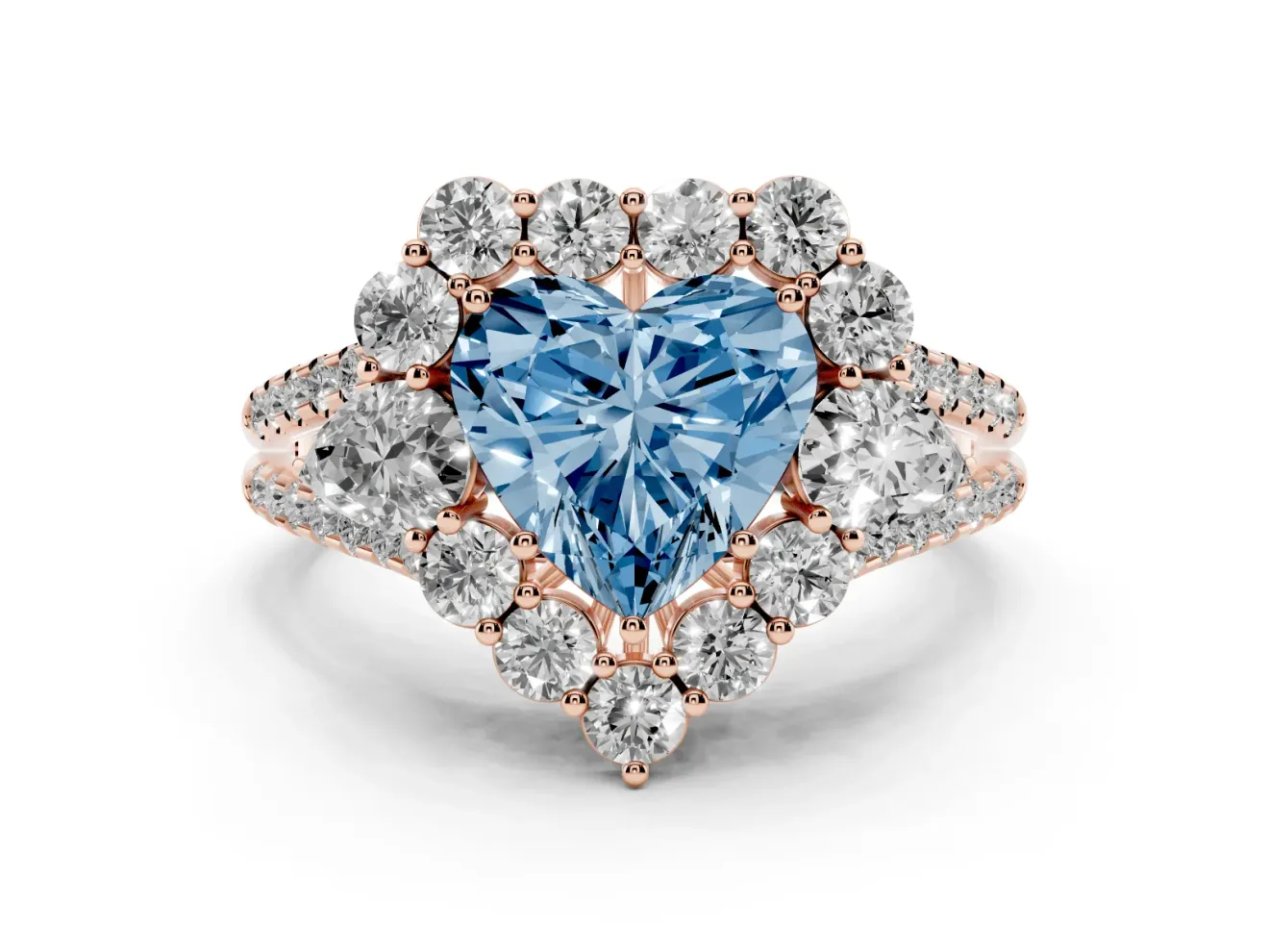 Heart-Shaped Scalloped Halo Engagement Ring Setting for a Fancy Blue Lab-Grown Diamond | Pear Side Stones | Rose Gold