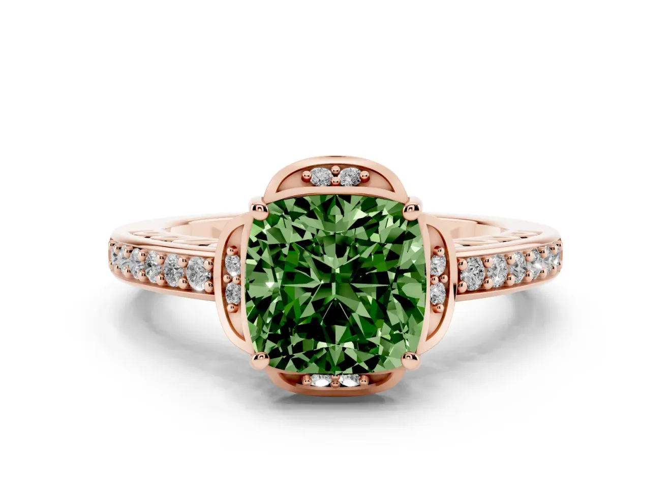 Cushion Cut Floral Pavé Engagement Ring Setting for a Fancy Green Lab-Grown Diamond | Rose Gold
